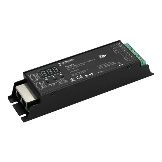 Фото товара INTELLIGENT ARLIGHT Декодер SMART-DMX512-304-83-RDM-SUF Black (12-48V, 4x8A, RJ-45) (IARL, IP20 Металл, 5 лет)